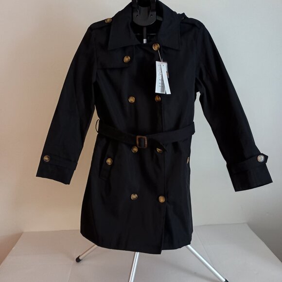 Createmo.us Black Trench Coat Double-Breasted Belted Coat Women’s Size Large L - Picture 7 of 16